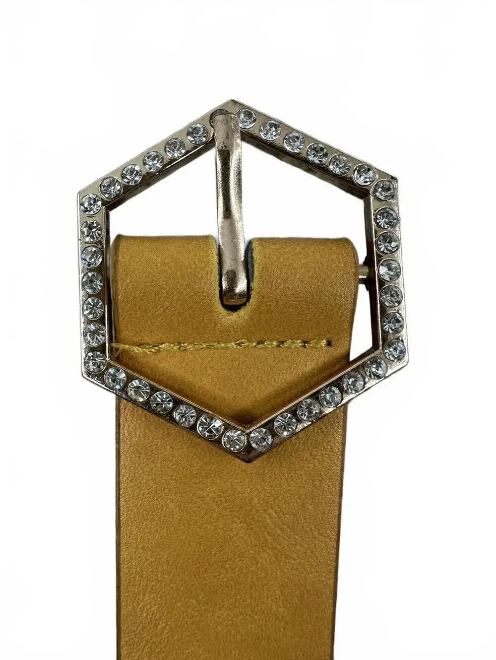 Stylish Mustard Faux Leather Belt with Rhinestone Hexagon Buckle